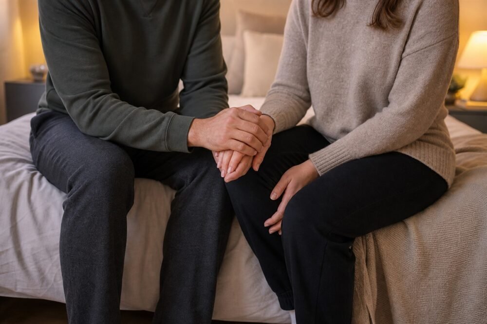 Two fully clothed partners sit side by side on a bed and hold hands.