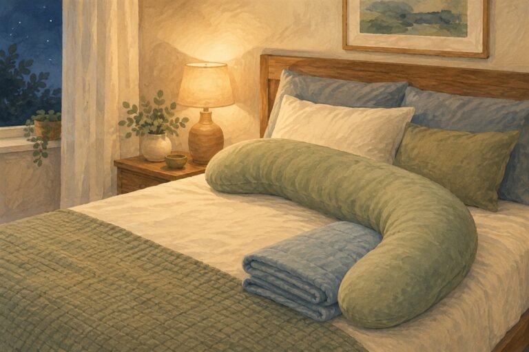 Soft illustration of a pregnancy pillow and folded blanket arranged on a neatly made bed.
