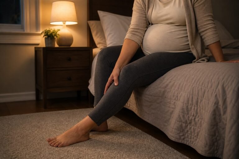 A pregnant person sits on the edge of a bed with one hand resting on their calf.