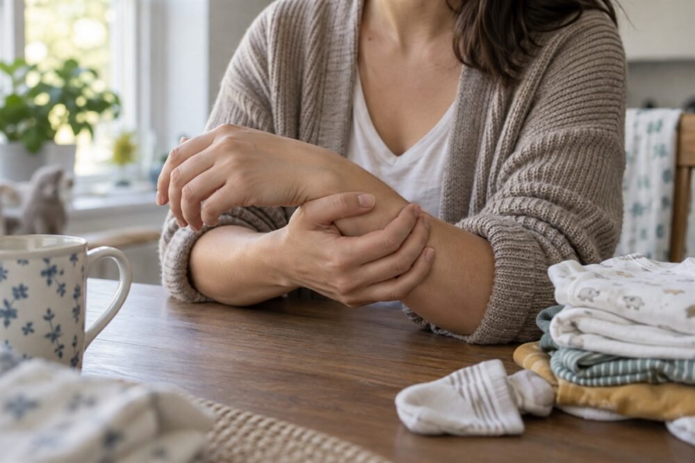 Parent resting one wrist in the other hand beside folded baby clothes.